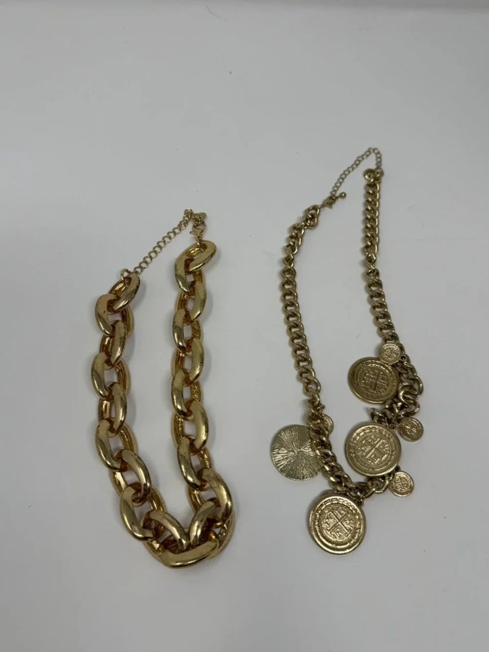 Set of 2 Gold Tone Statement Necklaces Chunky Chain & Coin Charms